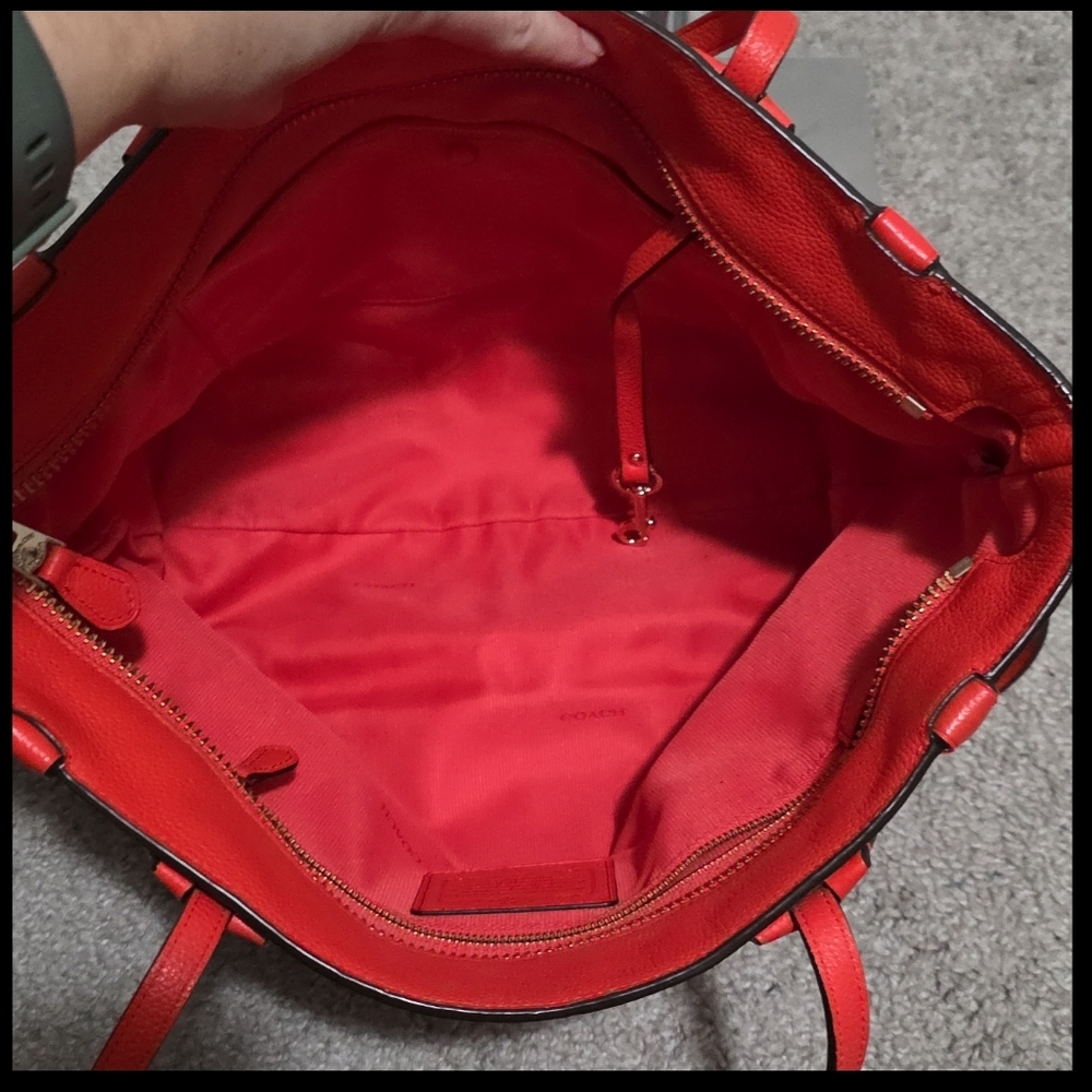 Coach Coral-Red Leather Tote with Whipstitch Accents - Picture 13 of 16